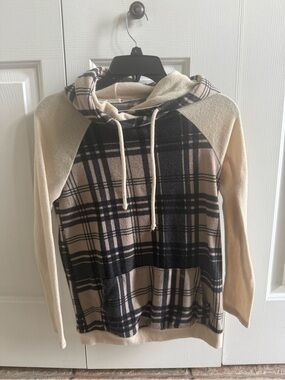 Cream Plaid Hooded Pullover Sweatshirt Womens XS